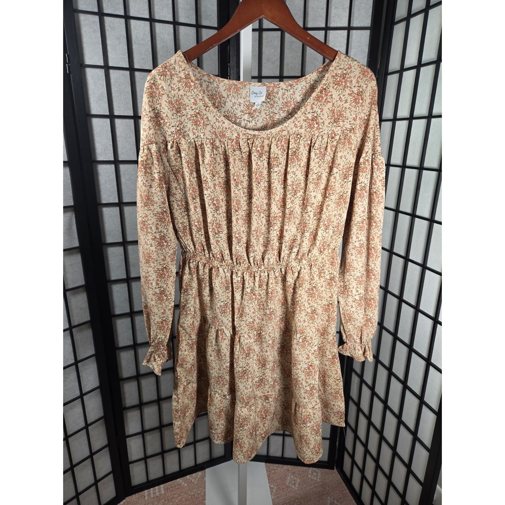Cozy Co Cottagecore Praire Floral Long Sleeve Mini Dress Smocked Tan Large
